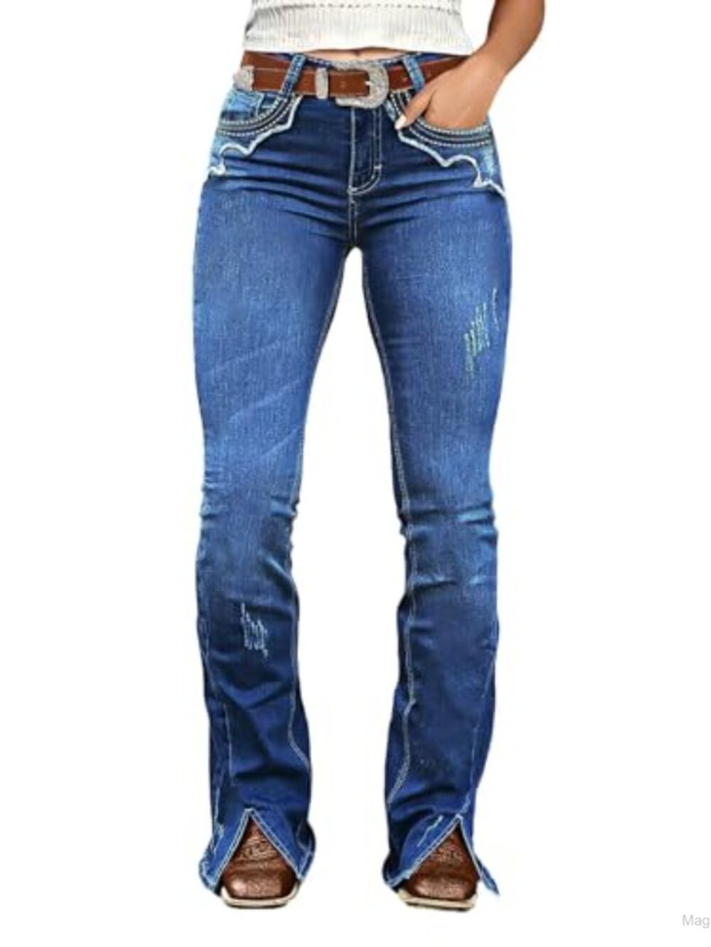 Women's Bootcut Mid Rise Ripped Stitch Curvy Jeans Stretchable Denim